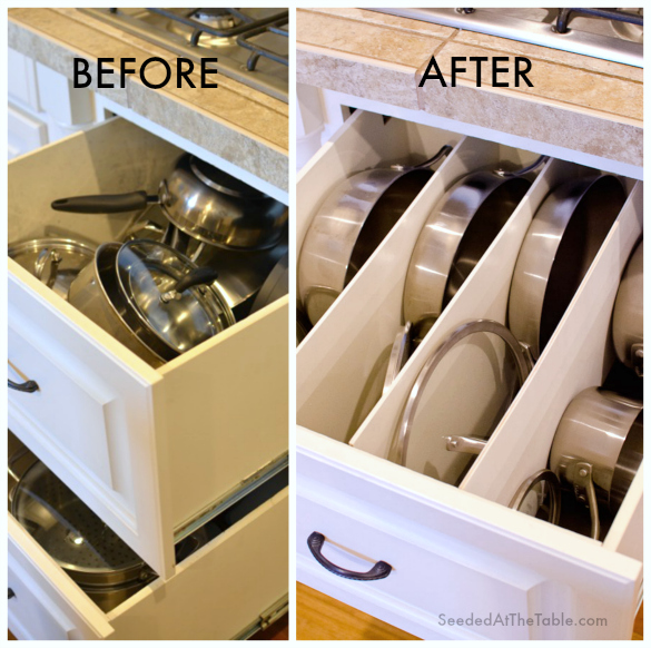 Create dividers in your drawers to keep your pots and pans neatly organized