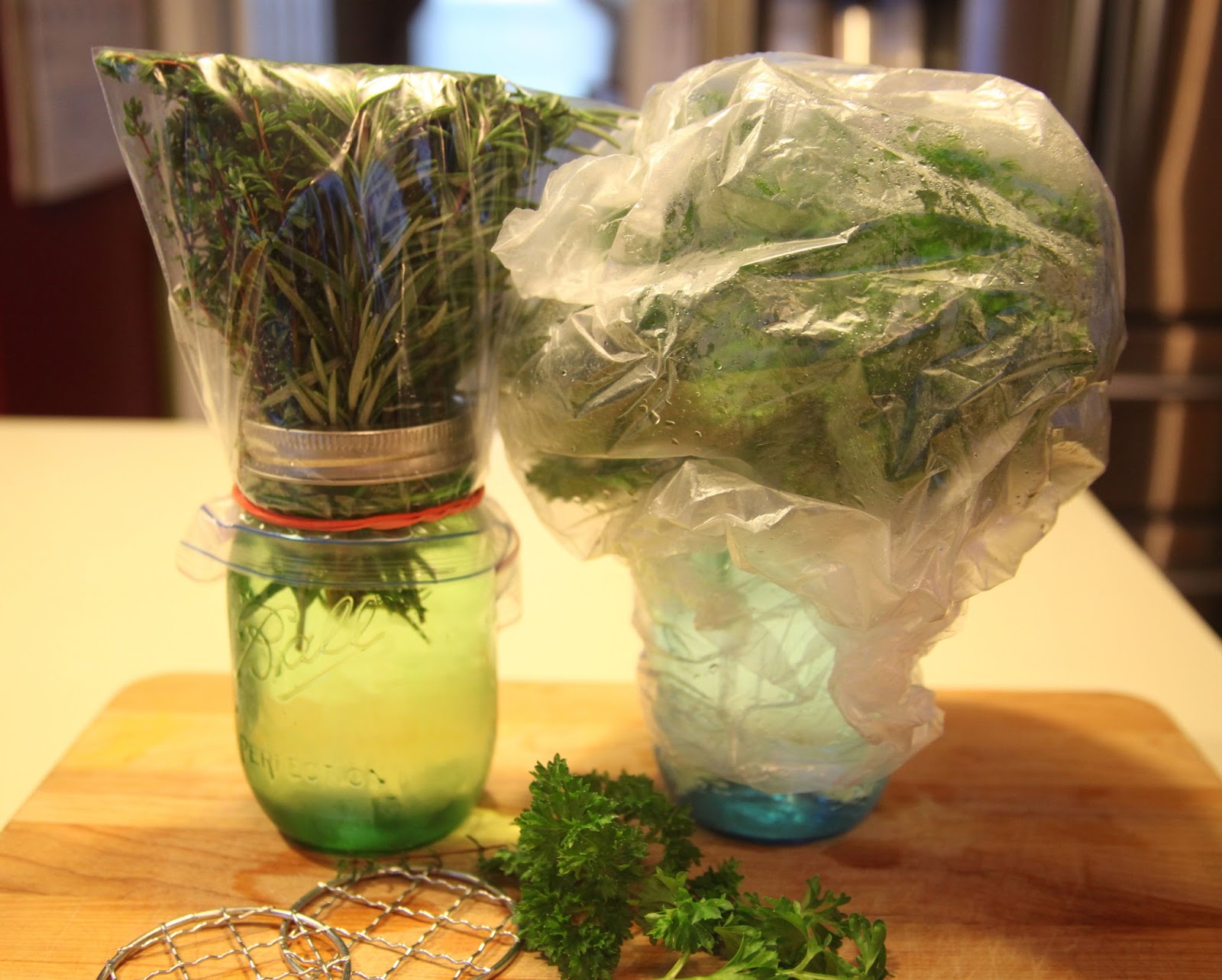 Store herbs like flowers in a vase, then cover with plastic, secure a rubberband & refrigerate