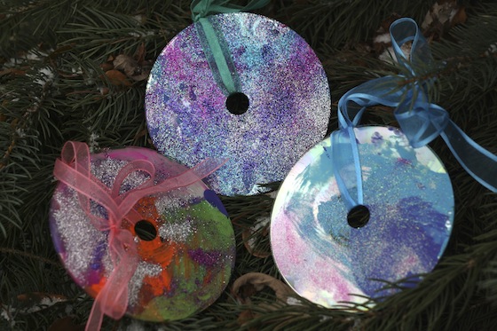 CD Christmas Ornaments with Paint and Glitter