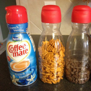 Reuse coffee creamer containers for snack storage