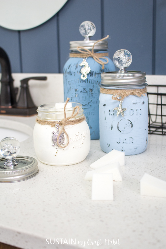 Beachy painted mason jar containers